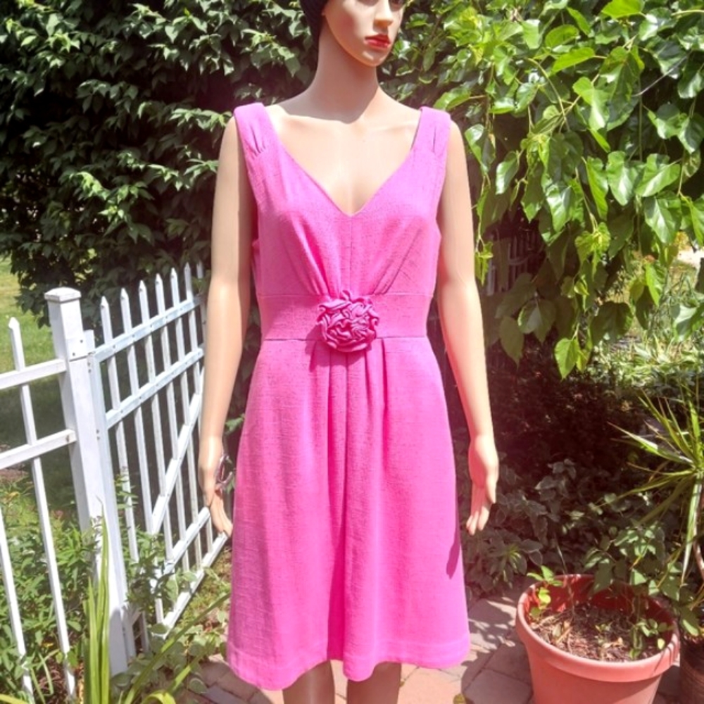 LILLY PULITZER Vintage Pink Linen V Neck Sleeveless Dress Ruffled Flower…
